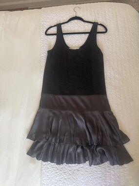 Diane Von Furstenberg Black Sleeveless Ruffle Hem Dress with Satin Skirt